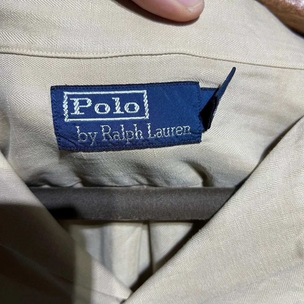 Vintage Polo Ralph Lauren Shirt Mens 4XB Tan Linen Silk Herringbone Short Sleeve